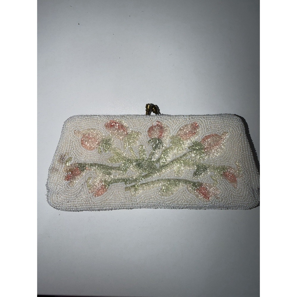 Vintage 1950s Walborg Beaded Evening Purse White Clutch Bag Floral F